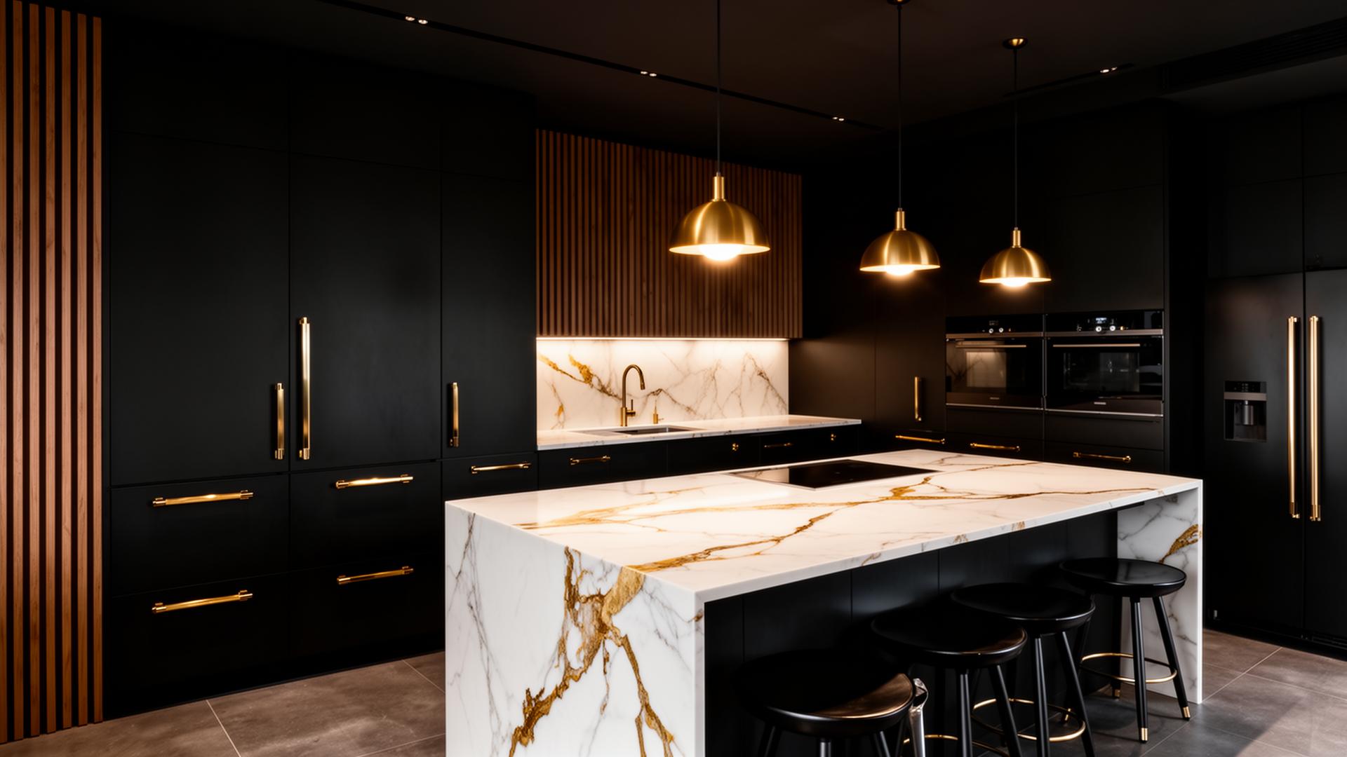 Cozinha moderna planeada de luxo em preto e dourado